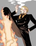  1boy absurdres blonde_hair cigarette curly_eyebrows diable_jambe facial_hair fire hair_over_one_eye highres holding holding_cigarette leg_up male_focus mustache_stubble one_piece sanji_(one_piece) sanji_oredayo smoking solo stubble suit 