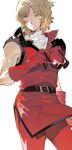  1boy absurdres belt black_belt blonde_hair blue_eyes closed_mouth cowboy_shot expressionless gloves gundam high_collar highres holding holding_removed_eyewear jacket looking_to_the_side male_focus newo_(shinra-p) pants quattro_bajeena red_gloves red_jacket red_pants shirt short_hair sideways_glance simple_background sleeveless sleeveless_jacket solo standing sunglasses turtleneck turtleneck_shirt unworn_eyewear white_background white_shirt zeta_gundam 