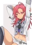  1girl akina_(akn_646) antenna_hair arms_up black_footwear boots closed_mouth dark_skin double-breasted fire_emblem fire_emblem:_three_houses hapi_(fire_emblem) knee_up long_sleeves looking_at_viewer midriff miniskirt navel red_eyes red_hair sitting skirt smile solo stomach thigh_boots thighhighs thighs two-tone_background uniform white_skirt 