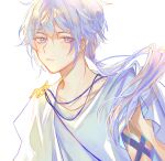  1boy aged_down ancient_greek_clothes cael_anselm cael_anselm_(white_city) cape chinese_commentary chiton collarbone cross-laced_clothes greco-roman_clothes hair_between_eyes highres hotaru_gugugu long_hair looking_at_viewer lovebrush_chronicles low_ponytail male_focus parted_lips ponytail purple_eyes short_sleeves side_cape sideless_outfit sideways_glance simple_background solo tunic upper_body white_background white_cape white_hair white_tunic 