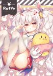  1girl animal_ears ass azur_lane bangs bare_shoulders blush breasts bunny_ears camisole character_name collarbone commentary_request copyright_name eyebrows_visible_through_hair feet_out_of_frame hair_between_eyes hair_ornament hairband hairclip highres jacket knees_up laffey_(azur_lane) long_hair long_sleeves manjuu_(azur_lane) no_shoes object_hug off_shoulder open_clothes open_jacket parted_lips pink_jacket pleated_skirt red_eyes red_hairband red_skirt silver_hair skirt sleeves_past_fingers sleeves_past_wrists small_breasts solo strap_slip stuffed_animal stuffed_bird stuffed_toy suzunone_rena thighhighs twintails very_long_hair white_camisole white_legwear 