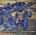  armor body_armor canid canine canis cub domestic_dog garand_thumb gun handgun mammal ranged_weapon real rifle scope text weapon young 