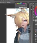  1girl absurdres animal_ear_fluff animal_ears black_gloves black_jacket blonde_hair blue_archive blue_eyes blue_halo blue_shirt blush clip_studio_paint dog_ears dog_girl gloves hair_over_one_eye halo highres jacket kanna_(blue_archive) long_hair looking_at_viewer losk open_mouth sharp_teeth shirt solo teeth upper_body 