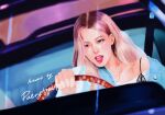  1girl artist_name blackpink blonde_hair blue_jacket car_interior commentary driving dutch_angle highres jacket jewelry k-pop long_hair looking_ahead necklace open_mouth paerytopiaa pink_lips real_life realistic rose_(blackpink) solo steering_wheel teeth upper_body upper_teeth_only wheel 