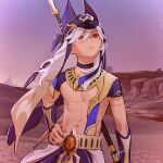  1boy ancient_egyptian_clothes animal_ears animal_hat artist_name belt black_choker black_gloves black_hat black_ribbon choker crop_top cyno_(genshin_impact) dark-skinned_male dark_skin desert evening fake_animal_ears fingerless_gloves game_screenshot_background genshin_impact gloves gold_trim gradient_sky hair_between_eyes hand_on_own_hip hashtag-only_commentary hat hat_ribbon highres holding holding_polearm holding_weapon jackal_ears long_hair looking_up male_focus mountain navel outdoors parted_lips pectorals polearm red_eyes ribbon sand screenshot_background shokun_2 short_sleeves signature sky solo stomach twilight usekh_collar weapon white_hair 