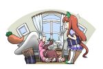  2girls animal_ears bag bed brown_hair carrot clock hamu_koutarou highres horse_ears horse_girl horse_tail long_hair multicolored_hair multiple_girls open_mouth orange_hair school_bag silence_suzuka_(umamusume) sleepwear special_week_(umamusume) tail thighhighs umamusume window 