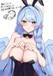  1boy 1girl absurdres alternate_costume animal_ear_hairband animal_ears bare_arms bare_shoulders black_bow black_bowtie black_leotard blue_archive blue_hair blue_wings blush bow bowtie braid breasts cleavage closed_mouth detached_collar doodle_sensei_(blue_archive) fake_animal_ears feathered_wings four-finger_heart_hands hairband halo heart heart_hands highres huge_breasts leotard long_braid mine_(blue_archive) playboy_bunny pointy_ears rabbit_ear_hairband rabbit_ears seele0907 sensei_(blue_archive) single_braid strapless strapless_leotard sweatdrop white_background wings yellow_halo 