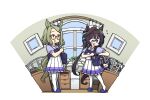 2girls air_messiah_(umamusume) animal_ears bag brown_hair glasses green_hair hair_ribbon hamu_koutarou highres horse_ears horse_girl horse_tail long_hair multicolored_hair multiple_girls open_mouth picture_frame ribbon school_bag skirt sleepwear streaked_hair tail thighhighs umamusume vivlos_(umamusume) 