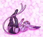  :3 black_legwear black_panties blush closed_mouth commentary creature english_commentary espeon flufflixx full_body gen_2_pokemon happy heart heart_background looking_up lying no_humans on_back panties pokemon pokemon_(creature) purple_background purple_eyes purple_theme shadow solo thighhighs underwear 