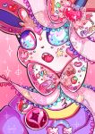  :o bandaid blue_eyes candy clothed_pokemon commentary creature decora english_commentary face fangs flufflixx food gen_6_pokemon heart highres lollipop no_humans pink_background poke_ball poke_ball_(generic) poke_ball_print pokemon pokemon_(creature) rainbow signature simple_background solo sparkle star sylveon 