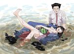  1boy 1girl :d ^_^ ace_attorney barefoot belt belt_buckle black_belt black_hair black_shoes blue_pants buckle closed_eyes collared_shirt food fruit highres japanese_clothes kimono laughing leg_up lying lying_on_person maya_fey necktie obi omen_hohoho on_back pants phoenix_wright pink_kimono red_necktie red_sash sash shallow_water shirt shoes signature sitting sleeveless sleeveless_kimono sleeves_rolled_up smile spiked_hair tongue tongue_out topknot water watermelon wet wet_clothes wet_shirt white_shirt 