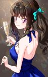  alcohol back blue_dress blue_eyes blush breasts brown_hair champagne champagne_flute cocktail_dress cup dress drinking_glass highres kakikakilemon long_hair looking_at_viewer medium_breasts nekoyashiki_mayu precure side_ponytail wonderful_precure! 