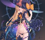  1girl abigail_williams_(fate/grand_order) bangs bare_shoulders black_bow black_headwear black_panties blonde_hair blush bow breasts fate/grand_order fate_(series) forehead hat highres io_(io_oekaki) keyhole long_hair multiple_bows orange_bow panties parted_bangs polka_dot polka_dot_bow red_eyes small_breasts solo underwear witch_hat 