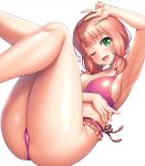  1girl ;d arm_up armpits ass bang_dream! bangs bare_legs bikini blunt_bangs blush breasts cleavage collarbone commentary_request cowboy_shot eyebrows_visible_through_hair fingernails green_eyes groin hand_on_own_stomach head_tilt heart knees_up lambda_(kusowarota) large_breasts long_fingernails looking_at_viewer low_twintails midriff one_eye_closed open_mouth pink_bikini pink_hair shiny shiny_clothes shiny_hair shiny_skin sidelocks simple_background sitting smile solo swimsuit twintails uehara_himari v white_background 