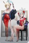  2girls absurdres alcohol alternate_costume alternate_hairstyle black_jacket black_shoes blonde_hair blue_archive blue_eyes blue_halo blush bun_cover champagne china_dress chinese_clothes clenched_teeth cup double_bun dress grey_eyes grey_hair grey_halo gun hair_bun hair_over_one_eye halo handgun highres holding holding_cup holding_gun holding_weapon jacket kanna_(blue_archive) konoka_(blue_archive) long_hair mask mouth_mask multiple_girls red_dress sharp_teeth shoes short_sleeves sitting sleeveless sleeveless_dress teeth thigh_strap toriko_(honmono) weapon white_mask white_shoes 