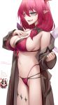  2girls absurdres aqua_eyes bikini black_bow blush bow breasts brown_coat coat commentary crystal_wings english_commentary fingernails hair_bow hakos_baelz hakos_baelz_(holonatsu_paradise) heterochromia highres hololive hololive_english holonatsu_paradise irys_(hololive) irys_(holonatsu_paradise)_(hololive) large_breasts long_hair multicolored_hair multiple_girls nail_polish navel open_mouth pink_bikini pink_hair pink_nails pointy_ears red_hair simple_background smile solo_focus somebody_(leiking00) stomach streaked_hair swimsuit teeth thighs virtual_youtuber white_background 