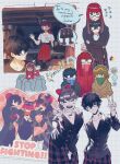  1girl 2boys absurdres akechi_gorou amamiya_ren andrich_galam belt belt_buckle black-framed_eyewear black_belt black_coat black_eyes black_hair black_jacket black_mask_(persona_5) blue_scarf blush brown_coat brown_hair buckle buttons closed_eyes closed_mouth coat commentary english_commentary english_text flying_sweatdrops glasses green_scarf height_difference highres hug hug_from_behind jacket joker_(persona_5) long_hair multiple_boys open_mouth pants persona persona_5 persona_5_the_royal pink_scarf plaid_clothes plaid_pants plaid_skirt pleated_skirt ponytail red_coat red_skirt scarf school_uniform short_hair shuujin_academy_school_uniform skirt speech_bubble v violet_(persona_5) yoshizawa_kasumi yoshizawa_sumire 