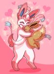  :d ^_^ blush closed_eyes commentary creature eevee english_commentary eyelashes flufflixx full_body gen_1_pokemon gen_6_pokemon happy heart heart_background highres holding holding_pokemon hug no_humans open_mouth pink_background pokemon pokemon_(creature) shadow size_difference smile sparkle standing sylveon 