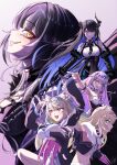  5girls :d absurdres animal_ears asymmetrical_horns bare_shoulders black_dress black_hair black_horns black_jacket black_sleeves black_vest blonde_hair blue_eyes breasts chest_jewel chest_strap cleavage cropped_jacket demon_horns detached_wings dog_ears dog_girl dress fur-trimmed_sleeves fur_trim fuwawa_abyssgard fuwawa_abyssgard_(1st_costume) grin hair_ornament hands_up headphones highres holding holding_weapon holoadvent hololive hololive_english horns jacket koseki_bijou koseki_bijou_(1st_costume) large_breasts long_hair looking_at_viewer metal_wings mococo_abyssgard mococo_abyssgard_(1st_costume) mole mole_under_eye multicolored_hair multiple_girls nerissa_ravencroft nerissa_ravencroft_(1st_costume) pink_claws pointing purple_eyes purple_hair red_eyes shiori_novella shiori_novella_(1st_costume) shirt short_hair smile split-color_hair tassel tassel_hair_ornament tiara uneven_horns vest virtual_youtuber waistcoat weapon white_dress white_hair white_shirt wings yellow_eyes zolomon_(jarvis_lin) 