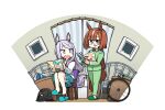  2girls animal_ears bed book brown_hair glasses hamu_koutarou highres holding holding_book horse_ears horse_girl horse_tail ikuno_dictus_(umamusume) indoors long_hair mejiro_mcqueen_(umamusume) multicolored_hair multiple_girls night open_mouth purple_hair skirt sleepwear streaked_hair tail umamusume wheel 
