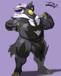  2020 4:5 anthro balls belly black_body black_fur bulge clothing fur genitals hi_res legendary_pok&eacute;mon loincloth male mammal nintendo overweight overweight_male pok&eacute;mon pok&eacute;mon_(species) reclamon simple_background single_strike_style_urshifu solo urshifu video_games 