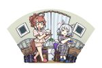  2girls animal_ears bag bed brown_hair dantsu_flame_(umamusume) eating hamu_koutarou highres hishi_miracle_(umamusume) holding holding_tray horse_ears horse_girl horse_tail indoors long_hair multicolored_hair multiple_girls night open_mouth school_bag sleepwear streaked_hair tail tray umamusume white_hair 