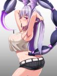  1girl arknights armpits ass bangs belt blush breasts cowboy_shot crop_top hair_ornament hair_tie_in_mouth hairclip head_wings hiruno holding holding_hair long_hair looking_at_viewer manticore_(arknights) mouth_hold pointy_ears purple_eyes purple_hair scorpion_tail shorts solo tail twintails 