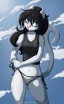  2020 5_fingers anthro bethany_(jay_naylor) black_hair breasts clothed clothing conditional_dnp day detailed_background digital_media_(artwork) domestic_cat eyebrows eyelashes felid feline felis female fingers fur hair jay_naylor mammal outside sky smile solo white_body white_fur 