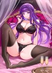  1girl absurdres alcohol arm_behind_back arm_support bed_sheet black_bra black_choker black_panties black_thighhighs blunt_bangs bra breasts bright_pupils champagne champagne_flute choker cleavage closed_mouth commentary cup drinking_glass evangellium feet fern_(sousou_no_frieren) fine_fabric_emphasis highres holding holding_own_hair knee_up lace-trimmed_thighhighs lace_trim large_breasts lingerie long_hair looking_at_viewer navel no_shoes panties partially_visible_vulva pillow purple_eyes purple_hair shiny_skin sitting solo sousou_no_frieren sparkle thighhighs toes tray twitter_username underwear underwear_only very_long_hair wavy_mouth white_pupils 