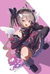  1girl absurdres ahoge bare_shoulders black_bow black_gloves blush bow detached_wings elbow_gloves full_body gloves grey_hair hair_bow heart heart_hands highres long_hair looking_at_viewer makaino_ririmu mini_wings multicolored_hair nijisanji open_mouth pink_hair red_eyes shinomu_(cinomoon) smile solo squatting streaked_hair twintails two-tone_hair virtual_youtuber white_wings wings 