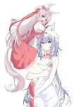  2girls :| ahoge animal_ears armpits axtlv bare_shoulders blue_eyes blush breasts carrying carrying_person cleavage closed_mouth collarbone colored_inner_hair commentary_request corsage dress flower flower_request frilled_hat frills grey_hair hair_between_eyes hair_flower hair_ornament hand_on_another&#039;s_head hand_on_another&#039;s_leg hat high_heels highres horse_ears horse_girl horse_tail hugging_another&#039;s_leg jewelry leaning_forward lifting_person long_hair long_ribbon looking_at_another looking_down looking_up mini_hat multicolored_hair multiple_girls necklace oguri_cap_(umamusume) open_mouth pearl_necklace pink_dress pink_ribbon pink_shoes ribbon ribbon_hair shoes short_dress sleeveless sleeveless_dress strapless strapless_dress streaked_hair sweat tail tamamo_cross_(umamusume) teeth tilted_headwear umamusume upper_teeth_only v-shaped_eyebrows wavy_mouth white_background white_dress white_flower yellow_flower 