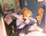  absurdres artoria_pendragon_(all) artoria_pendragon_(lancer) blonde_hair bread breasts cat fate/grand_order fate_(series) food green_eyes hair_between_eyes highres incest large_breasts mordred_(fate) mordred_(fate)_(all) morgan_le_fay_(fate) school_uniform siblings silver_hair yorukun 