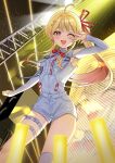  1girl ;d ahoge arm_up armpit_cutout armpit_peek armpits asymmetrical_legwear belt blonde_hair blush bow bowtie breast_pocket breasts center-flap_bangs clothing_cutout collared_shirt commentary contrapposto cowboy_shot double-parted_bangs drawstring dress_shirt flying_sweatdrops glowstick gradient_hair hair_ornament hair_ribbon hashtag-only_commentary high_side_ponytail highres hololive hololive_dev_is long_hair long_sleeves looking_at_viewer monitor multicolored_hair musical_note musical_note_hair_ornament official_alternate_costume one_eye_closed orange_eyes otonose_kanade otonose_kanade_(regloss_uniform) penlight_(glowstick) pocket pouch red_bow red_bowtie ribbon shirt short_shorts shorts shoulder_cutout signature sleeves_past_wrists small_breasts smile solo stage stage_lights star_pin sweatdrop teeth thigh_belt thigh_pouch thigh_strap tight_clothes uneven_legwear upper_teeth_only vest virtual_youtuber w white_shirt white_shorts white_vest yellow_nails yoshidadon 