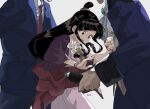  1girl 2boys ace_attorney ascot badge bead_necklace beads black_hair black_wrist_cuffs blue_brooch blue_jacket blunt_bangs bracelet button_badge collared_shirt commentary_request electricity hair_beads hair_ornament hanten_(clothes) head_out_of_frame highres holding_taser jacket japanese_clothes jewelry kimono long_hair low-tied_sidelocks magatama magatama_necklace manfred_von_karma maya_fey multiple_boys multiple_bracelets necklace necktie obi omen_hohoho phoenix_wright phoenix_wright:_ace_attorney pink_kimono purple_eyes purple_jacket red_necktie red_sash ring_hair_ornament sash shirt sidelocks signature taser topknot white_ascot white_background white_shirt wide_sleeves wrist_cuffs 