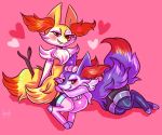  alternate_color black_legwear blush braixen brown_eyes commentary creature english_commentary fang flufflixx full_body gen_6_pokemon hand_on_another&#039;s_head heart lying no_humans on_lap on_side pink_background pink_legwear pokemon pokemon_(creature) pokemon_on_lap shadow shiny_pokemon signature simple_background sitting smirk star stick thighhighs 