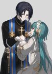  1boy 1girl absurdres aqua_hair arm_at_side bianca_(black_survival) black_hair black_robe black_survival blood blood_from_mouth blood_on_hands blood_sucking bow bow_hairband cassock clerical_collar closed_mouth commentary cross cross_fleury cross_necklace cross_print curtained_hair dress empire_waist eternal_return:_black_survival expressionless fingernails forehead frilled_hairband frills gloves grey_background grey_eyes grey_nails hairband hand_up hands_up height_difference highres jewelry johann_(black_survival) latin_cross lolita_hairband long_hair long_sleeves looking_at_another looking_up nail_polish necklace nightgown priest print_dress profile red_eyes robe short_hair simple_background single_glove sleeve_bow sp0i0ppp stole symbol-only_commentary upper_body vampire very_short_hair white_dress white_gloves white_hairband white_nightgown wide_sleeves yellow_bow 