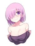  1girl 3: arms_under_breasts blush breast_hold breasts chan_co cleavage closed_mouth crossed_arms fate/grand_order fate_(series) glasses hair_over_one_eye large_breasts mash_kyrielight off-shoulder_sweater off_shoulder pink_hair purple_eyes ribbed_sweater short_hair sleeves_past_wrists solo sweatdrop sweater 
