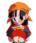  1girl bandana belt black_belt black_eyes black_gloves black_hair blush collarbone commentary_request denim dragon_ball dragon_ball_gt fingerless_gloves gloves grey_pants hands_on_own_chest jeans midriff navel orange_bandana pan_(dragon_ball) pants red_shirt rom_(20) shirt short_sleeves simple_background smile solo upper_body white_background 