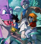  1girl 2boys :o apple bandana black_gloves black_hair black_shirt blue_dougi blue_eyes brown_gloves brown_jacket denim dinosaur dougi dragon_ball dragon_ball_gt fingerless_gloves food fruit giru_(dragon_ball) gloves grandfather_and_granddaughter grey_pants jacket jeans multiple_boys nature orange_bandana pan_(dragon_ball) pants purple_hair red_shirt rom_(20) shirt short_hair shorts sitting son_goku standing trunks_(dragon_ball) white_shorts 