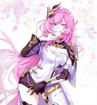  1girl black_gloves black_shorts blue_eyes breasts chinese_commentary cleavage commentary_request corset elf elysia_(honkai_impact) elysia_(miss_pink_elf)_(honkai_impact) gloves hair_ornament highres honkai_(series) honkai_impact_3rd large_breasts long_hair looking_at_viewer momo524024 pink_hair pointy_ears short_shorts shorts single_glove smile solo thighs very_long_hair white_corset 