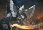  artist_name chinese_commentary commentary_request dated embers fire flaming_sword flaming_weapon green_eyes gundam gundam_sandrock gundam_wing holding holding_sword holding_weapon looking_at_viewer mecha mecha_focus mobile_suit no_humans robot science_fiction shotel smoke solo sword thrusters upper_body v-fin weapon windforcelan 
