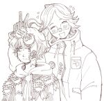  2boys :d ^_^ ahoge aotsuki_eito arm_up award_ribbon blush breast_pocket closed_eyes drawstring facing_viewer fell_for_it_again_(meme) glasses gloves hatching_(texture) heart hood hoodie jacket jacket_over_hoodie linear_hatching looking_to_the_side male_focus meme monochrome multiple_boys pocket short_hair small_sweatdrop smile sumino_takumi the_hundred_line_-last_defense_academy- ufojellies upper_body v 