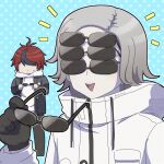  2boys ahoge aotsuki_eito black_gloves black_jacket black_pants black_streaks blue_background closed_eyes commentary extra_eyewear facing_another glasses gloves grey_hair grey_jacket holding holding_removed_eyewear hood hoodie jacket jacket_over_hoodie male_focus mt_100l multicolored_hair multicolored_jacket multiple_boys no_eyes pants polka_dot polka_dot_background red_hair short_hair small_sweatdrop streaked_hair sumino_takumi symbol-only_commentary teeth the_hundred_line_-last_defense_academy- too_many_glasses triangle_mouth twitter_username two-tone_jacket unworn_eyewear upper_teeth_only watermark white_jacket 