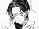  1girl butterfly_hair_ornament clenched_teeth greyscale hair_ornament highres kimetsu_no_yaiba kochou_shinobu monochrome parted_bangs portrait roru_(lol_dessin) sidelocks teeth veins 