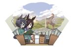  2girls animal_ears bed book brown_hair clock glasses grey_hair hair_over_one_eye hamu_koutarou highres holding holding_book horse_ears horse_girl horse_tail imagining indoors kilt long_hair multiple_girls open_mouth reading rice_shower_(umamusume) sitting sleepwear tail umamusume zenno_rob_roy_(umamusume) 
