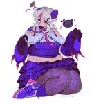 1girl artist_name bare_shoulders blue_shoes blue_sleeves blue_socks blue_sweater chain character_request claws collar copyright_request cross cyb3rbully1ng detached_sleeves grey_hair highres latin_cross looking_to_the_side pantyhose parted_lips plump shoes simple_background sneakers socks solo star_(symbol) star_print sweater thick_thighs thighs twitter_username white_background wide_sleeves 