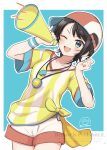  1girl ;d aqua_eyes baseball_cap black_hair blue_background blue_eyes blush commentary_request cowboy_shot hachikuma_(waddle-d) hat highres holding holding_megaphone hololive long_shirt looking_at_viewer loose_clothes loose_shirt megaphone one_eye_closed oozora_subaru oozora_subaru_(1st_costume) open_mouth outline oversized_clothes oversized_shirt red_hat shirt short_hair short_sleeves shorts shouting sideways_hat signature simple_background smile solo stopwatch stopwatch_around_neck striped_clothes striped_shirt swept_bangs t-shirt tied_shirt two-tone_headwear two-tone_shirt v-shaped_eyebrows vertical-striped_clothes vertical-striped_shirt virtual_youtuber watermark whistle whistle_around_neck white_hat white_outline white_shirt white_shorts wristband yellow_shirt 