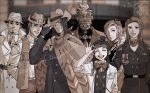  3girls 4boys ace_attorney angel_starr bandana beard belt bow bowtie bright_pupils bruce_goodman buttons chinstrap_beard cloak closed_eyes coat commentary cowboy cowboy_hat cowboy_western damon_gant double-breasted earrings ema_skye english_commentary epaulettes eyewear_on_head facial_hair fingerless_gloves glasses gloves goatee goatee_stubble group_picture hair_between_eyes hair_over_one_eye hand_up hat height_difference highres hoop_earrings jacket jake_marshall jewelry lana_skye long_hair long_sleeves looking_at_viewer medal military_dress_uniform military_uniform mini_hat multiple_boys multiple_girls necktie neil_marshall phoenix_wright:_ace_attorney scarf sepia short_hair sleeves_pushed_up smile stubble sunglasses teeth trilby upper_body upper_teeth_only watera111 