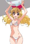  1girl absurdres aikatsu! aikatsu!_(series) arms_up ball beachball bikini blonde_hair breasts collarbone cowboy_shot grey_background hairband highres hoshimiya_ichigo long_hair looking_at_viewer navel open_mouth red_eyes red_hairband small_breasts smile solo standing swimsuit tokiani two-tone_background upper_teeth white_background white_bikini 