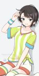  1girl aqua_eyes asymmetrical_legwear blue_eyes blush brown_hair drop_shadow embarrassed hachikuma_(waddle-d) hand_on_own_thigh hand_up highres hololive long_shirt looking_at_viewer loose_clothes loose_shirt messy_hair mismatched_legwear no_headwear no_shoes oozora_subaru oozora_subaru_(1st_costume) open_mouth oversized_clothes oversized_shirt red_thighhighs shirt short_hair shorts simple_background sitting striped_clothes striped_shirt swept_bangs t-shirt thighhighs two-tone_shirt vertical-striped_clothes vertical-striped_shirt virtual_youtuber wariza watermark white_shirt white_shorts white_thighhighs wristband yellow_shirt 